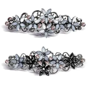 2 PCS Elegant Rhinestones Vintage Hair Clips for - Sparkly Glitter Fashion Flowers in French Style Hair clips for Women and Girls (Black Gray, Gray)