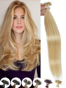 50 Strands Micro Bead Hair Extensions – Natural Straight Human Hair in Natural Color with Nano Ring Links, Adds Volume & Length for Women & Men