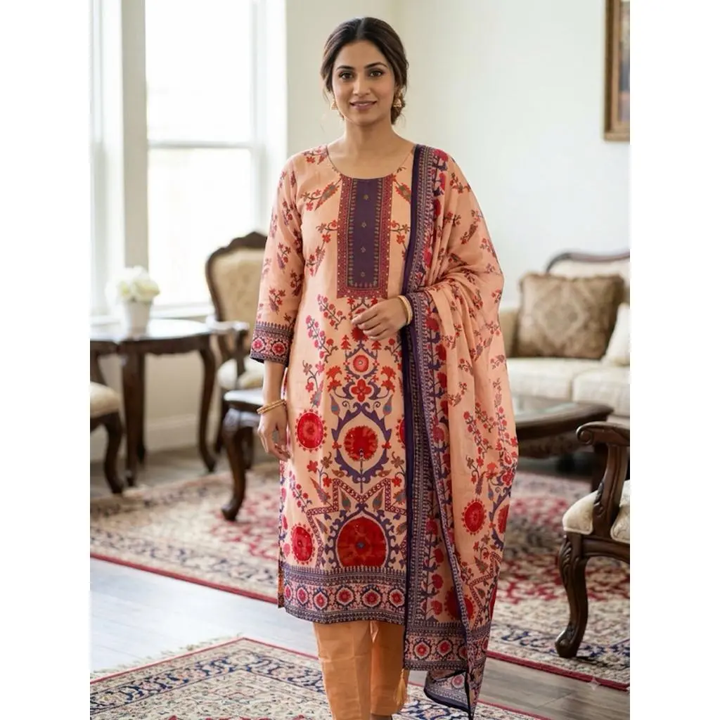 Women's Elegant 3-Piece Floral Print Kurta Set Traditional Ethnic Tunic Top with Matching Trousers and Scarf Sizes M-38" L-40" XL-42" XXL-44"