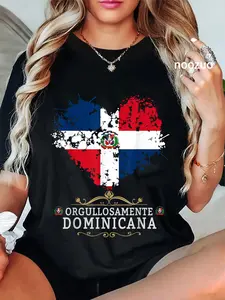 Women's Dominican Flag & Coat of Arms Graphic T-Shirt, Casual 100% Cotton Round Neck Top for Everyday Wear