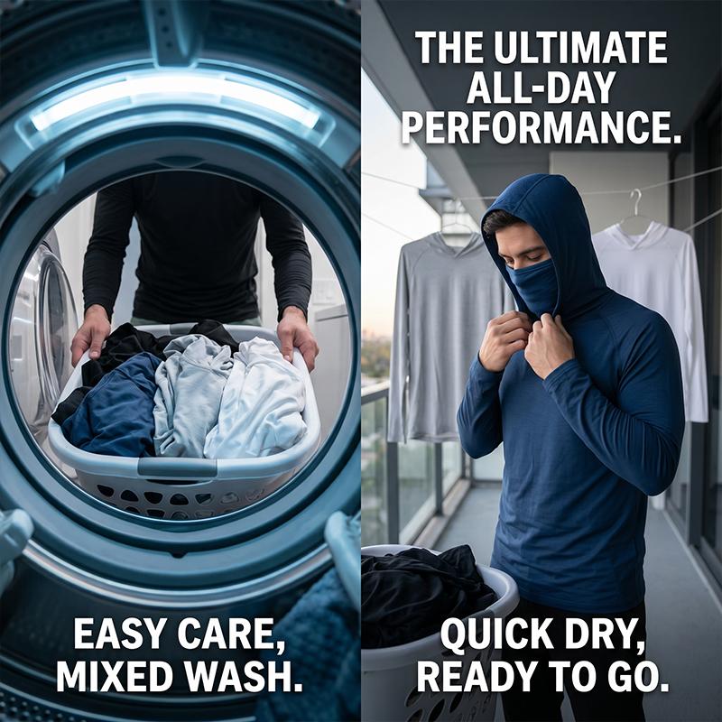 6 Pack Men UPF Sun Protection Compression Hooded Shirts. Quick Dry Breathable Long Sleeve Athletic Tops with Attached Face Mask. Lightweight Cooling Performance Activewear for Fishing Construction Outdoor Work