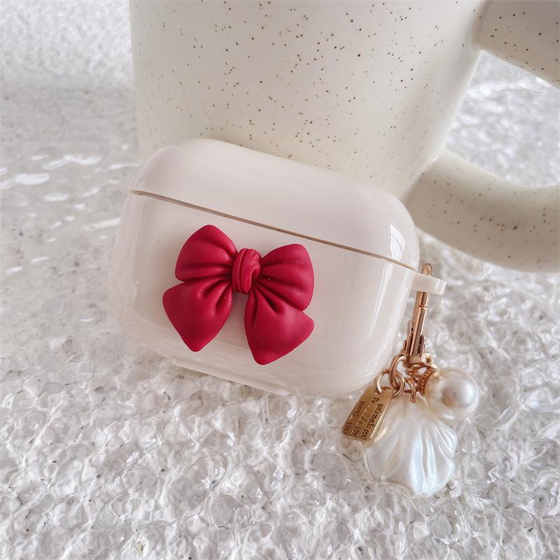 Bow Shell Earphone Case Cover | Cute Wireless Earbud Protective Case | Beige & Red Bow Pendant Charm