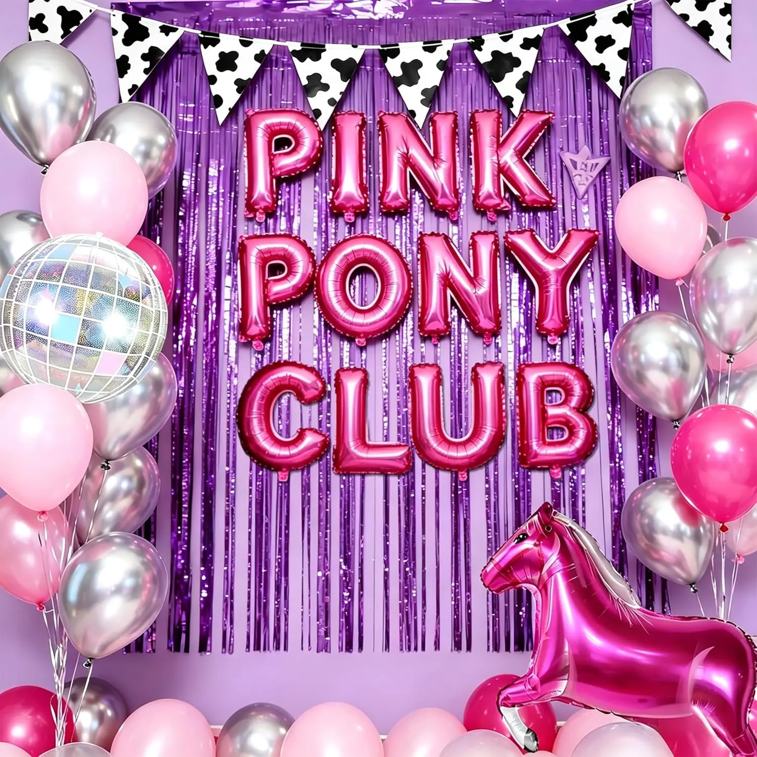 Magenta Pink Pony Club Western Cowgirl Balloon Decoration Set - Lifelike Pink Pony Shape Assortment, Shiny Disco Balls, Decorative Letter Banners, Happy Birthday & Bachelorette Party Supplies