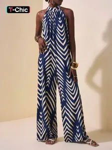 Women's Geometric Chevron Print Jumpsuit, Halter Neck, Sleeveless, Back Zipper Closure, Wide Leg Full Length, Smooth Drapey Woven Fabric, Vacation, Daily Casual, Office Commute & Party Wear, Breathable Wrinkle-resistant, Easy On & Off, Fit, Womenswear