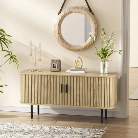 Vabches Single Modern Storage Cabinet - Black Fluted Wood Panel, Curvy Edges, Sturdy Waterproof Sliding Door Credenza with Water-resist Top, Indoor Shelves, Assembly Required, Living Room Kitchen Furniture