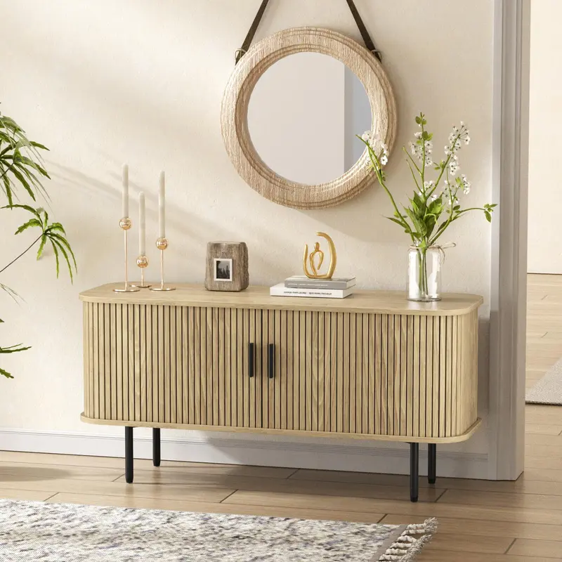Vabches Single Modern Storage Cabinet - Black Fluted Wood Panel, Curvy Edges, Sturdy Waterproof Sliding Door Credenza with Water-resist Top, Indoor Shelves, Assembly Required, Living Room Kitchen Furniture