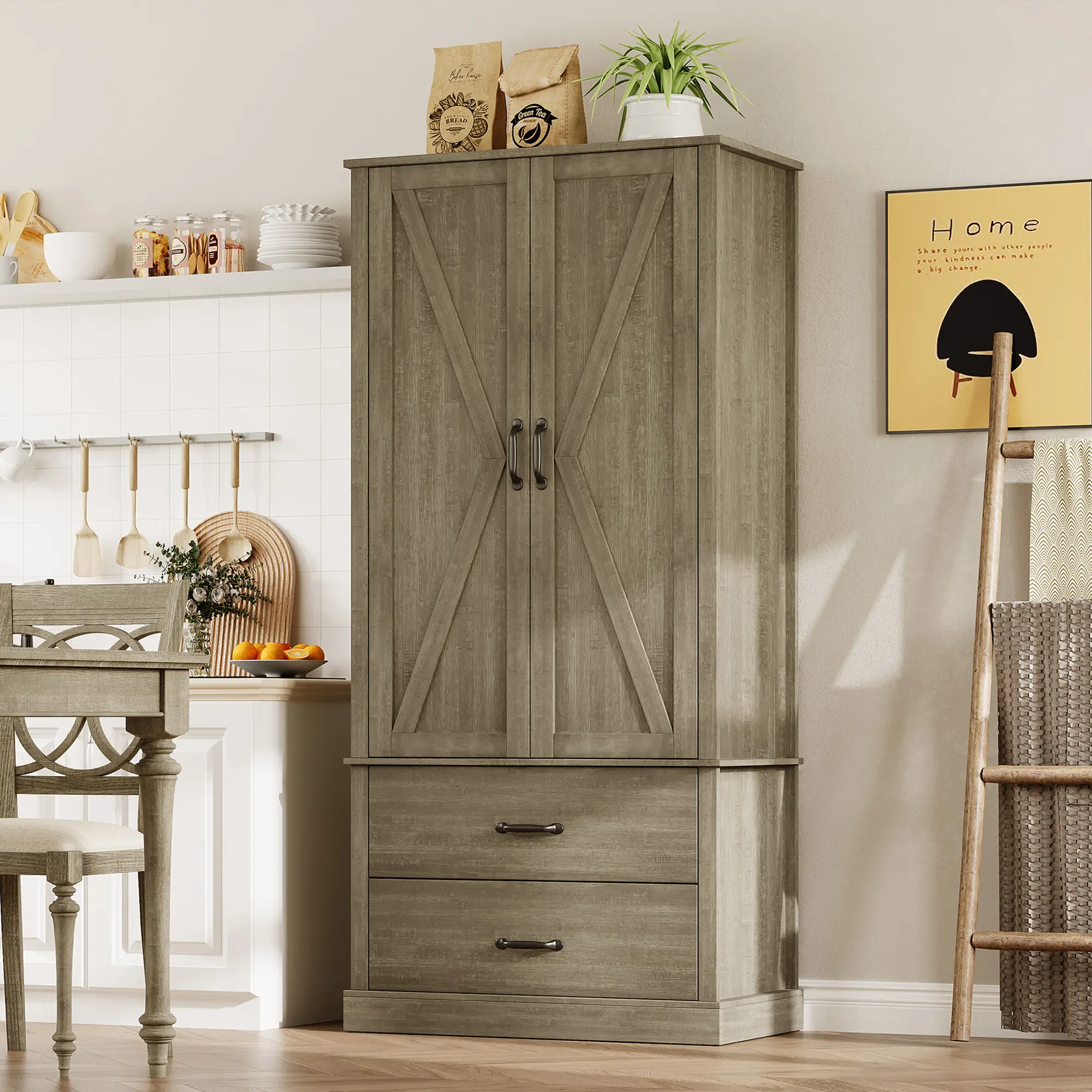 Farmhouse Tall Pantry Cabinet with Barn Doors - Rectangular Single Unit Particle Board Free-Standing Closet, 2 Adjustable Shelves, 2 Large Drawers for Kitchen, Dining Room