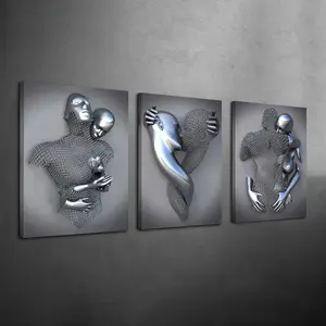 3 Counts Wood Framed Canvas 2D Flat Modern Lovers Wall Art, Ready To Hang, Metal Figure Hugging Couple Wall Decor, Waterproof Canvas Wall Art, Artwork Wall Painting For Gift, Wall Picture for Living Room, Bedroom, Dining Room, Corridor, Modern Home Decor