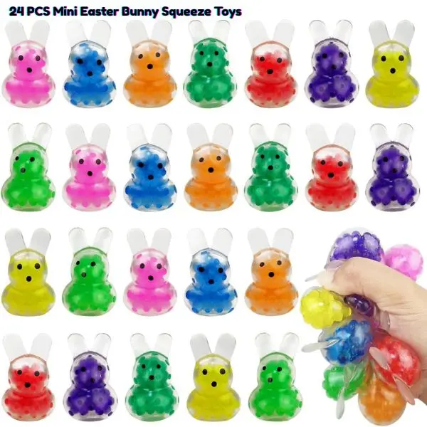 24 PCS Mini Easter Bunny Squeeze Toys – Squishy Stress Balls for Kids, Easter Basket Stuffers, Egg Fillers, Classroom Prizes, Party Favors & Easter Gifts