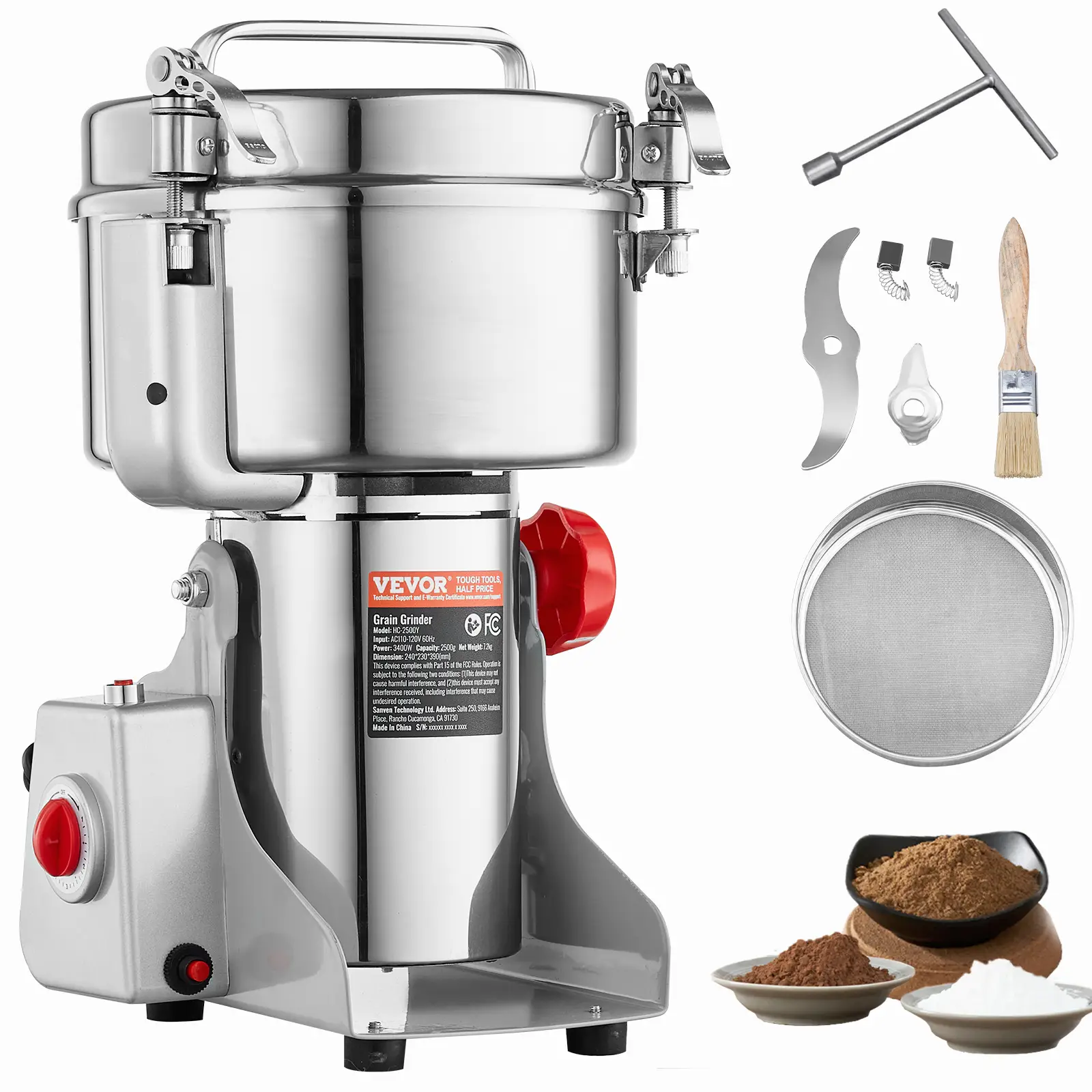 VEVOR 2500g Electric Grain Mill Grinder, High Speed 3400W Commercial Spice Grinders, Stainless Steel Pulverizer Powder Machine, for Dry Grains Spices