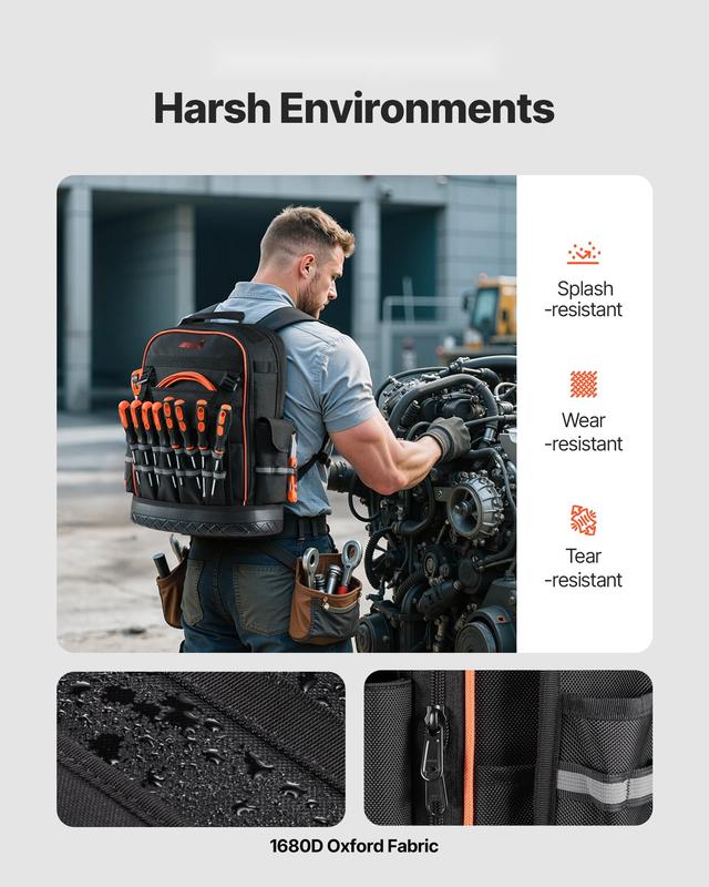 Tool Backpack with 64 Pockets, Tear-Resistant Construction, Heavy-Duty Jobsite Organizer for Electricians and Tradespeople, Portable Tool Storage Bag with Padded Straps, Waterproof Fabric, Reinforced Handle, and Compartments