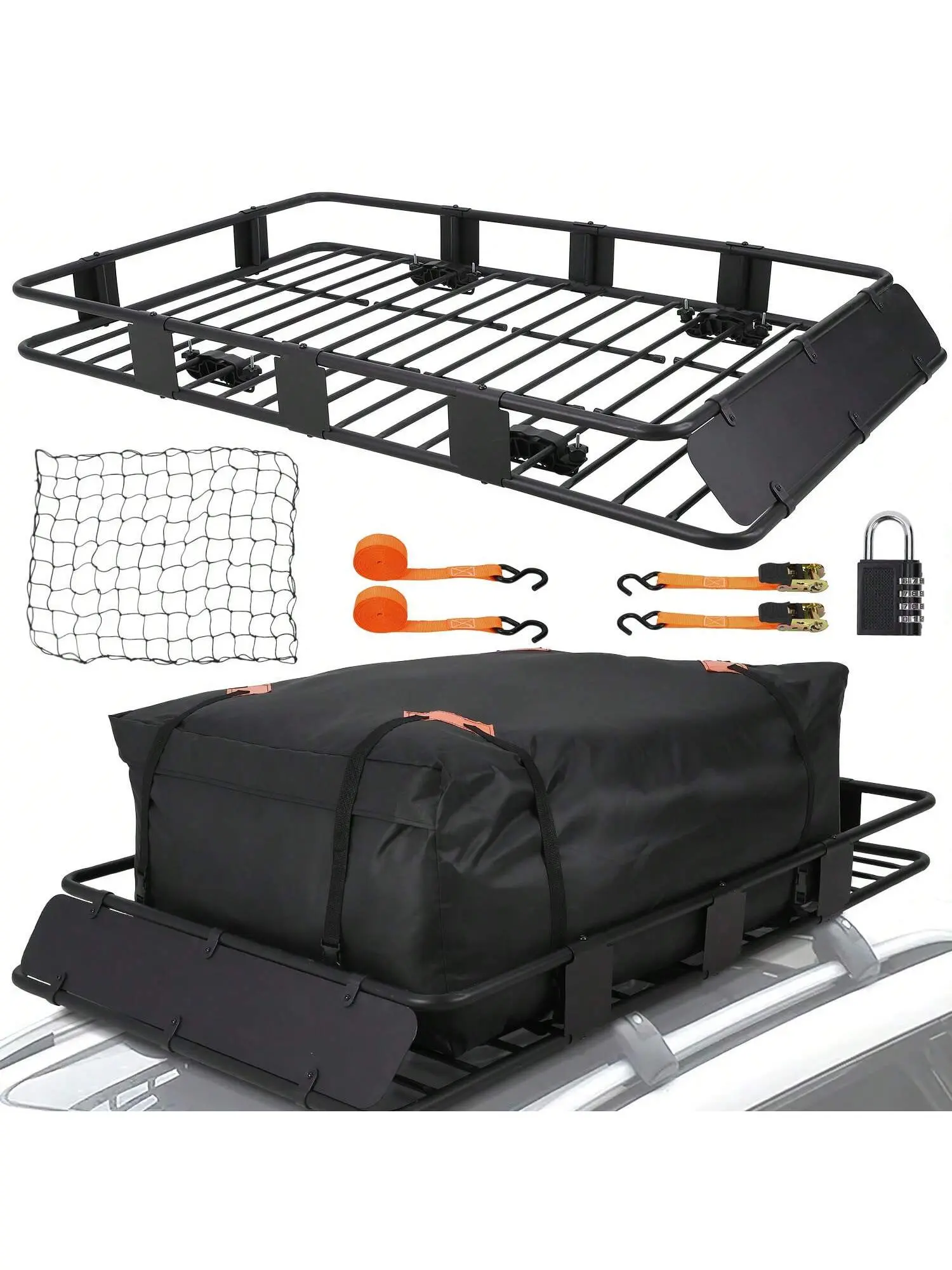 black- Roof Rack Carrier Basket, 64" X 39" X 6" Universal 200 Lb Heavy Duty Roof Rack With 1 Waterproof Bag, Cargo Net, 2 Pairs Of Tensioners, 1 Lock, Universal Roof Rack For SUV, Truck Vehicle Accessories, Universal Automotive Accessories, Powder Coating