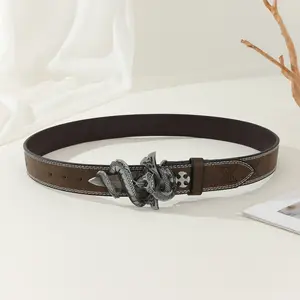Western Retro-Style Polygonal Snake Belt Cowboy-Style Leather Belt with Animal Alloy Buckle and PU Embossed Strap for Men