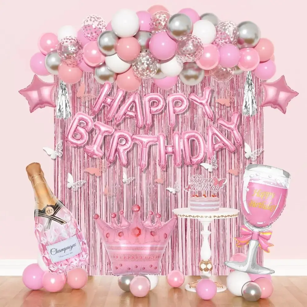 Pink Princess Party Supplies Set - Metallic Silver Pink Confetti Foil Balloons, Happy Birthday Banner, Butterfly Fringe Curtains, Cake Topper, Star Garland, Balloon Tools for Women's Party Space Decorating