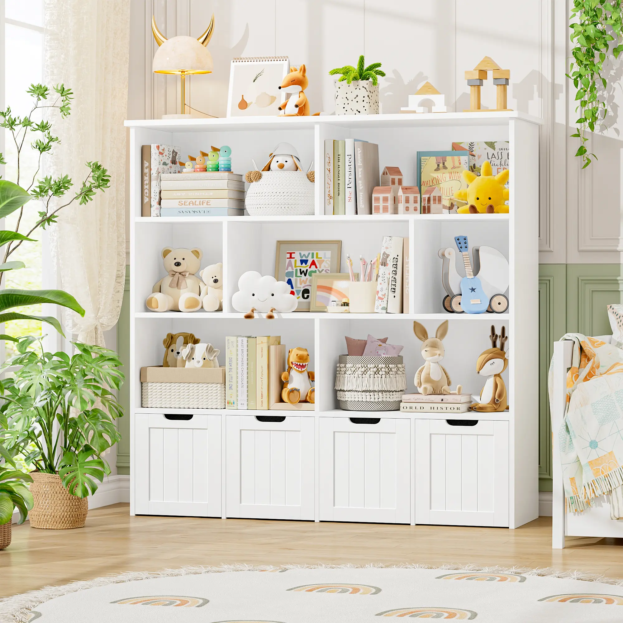 FOTOSOK Storage Organizer, Bookshelf with 4 Movable Chests and 7 Storage Cubes, Chest Storage with Hidden Wheels, Organizers and Storage