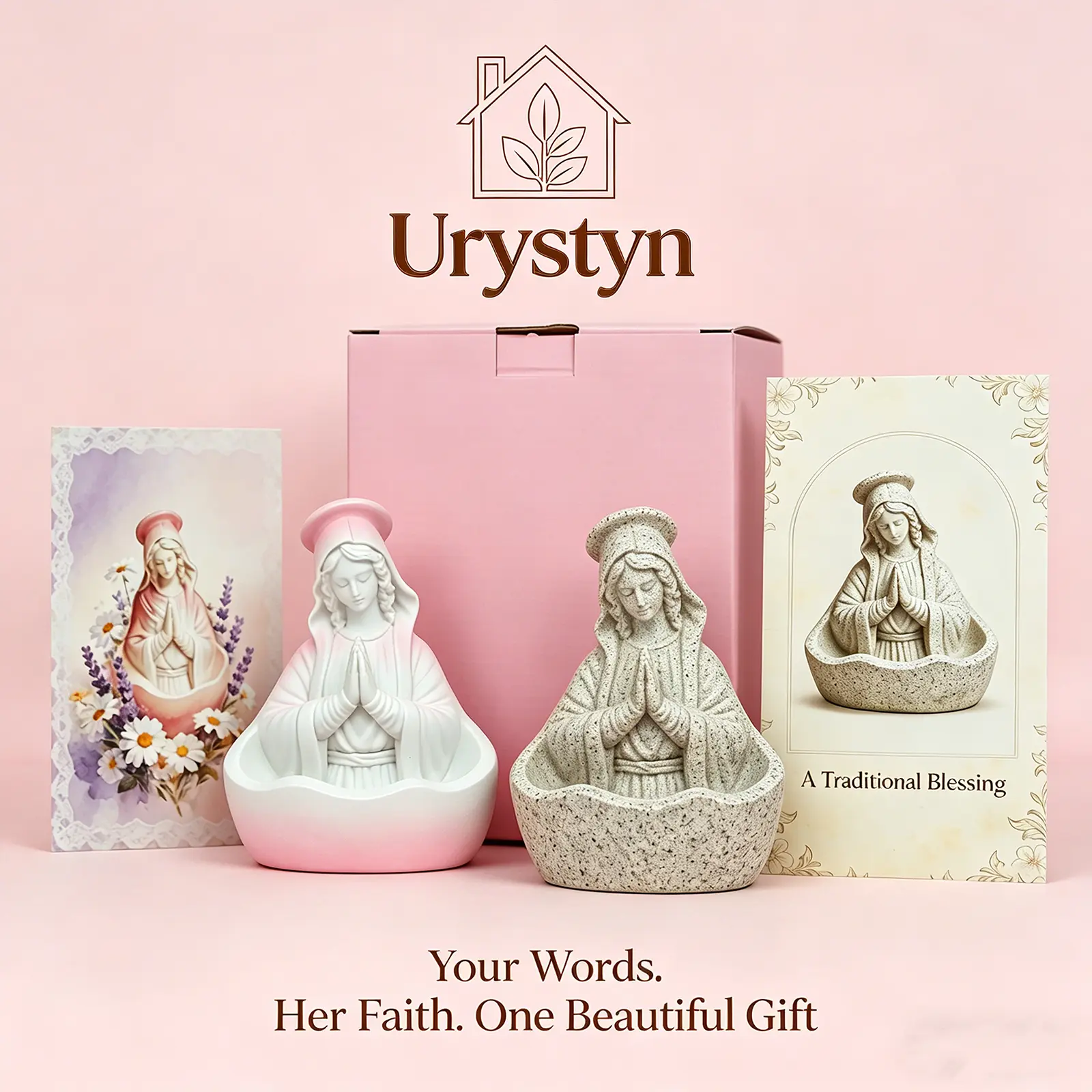 Virgin Mary Statue with Rosary Holder | Religious Home Decor for Altar Bookshelf Prayer Corner | Meaningful Gift for Girlfriend Elders | Delicate Pink Gift Box with Handwritten Card