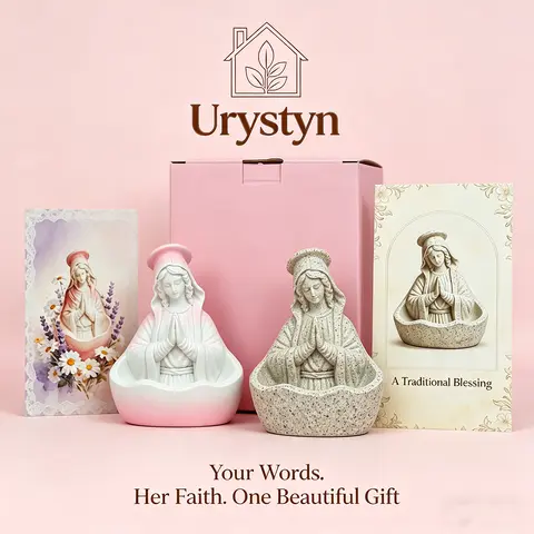 Stone-Like Virgin Mary Religious Statue - Handmade Art Decorative Altar Piece, Compact Base, Bookshelf/Rosary Holder, Customizable Church Gift with Blush Pink Box & Handwritten Note (Classical Religious Decorations)