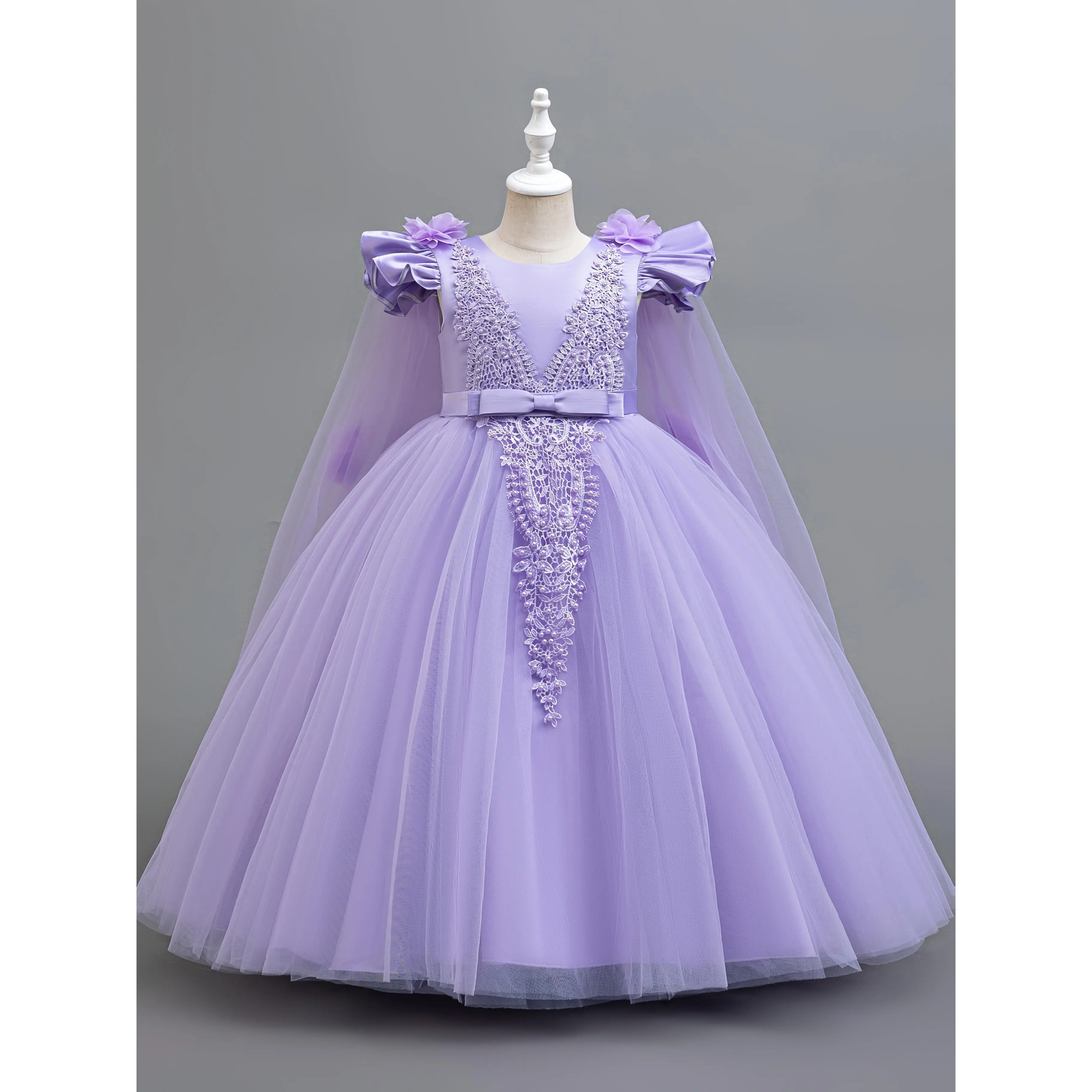 open lace back dress Alluring Lilac Multi-Color Ball Gown with Wings Sleeves and Train – American  Stride main image 1