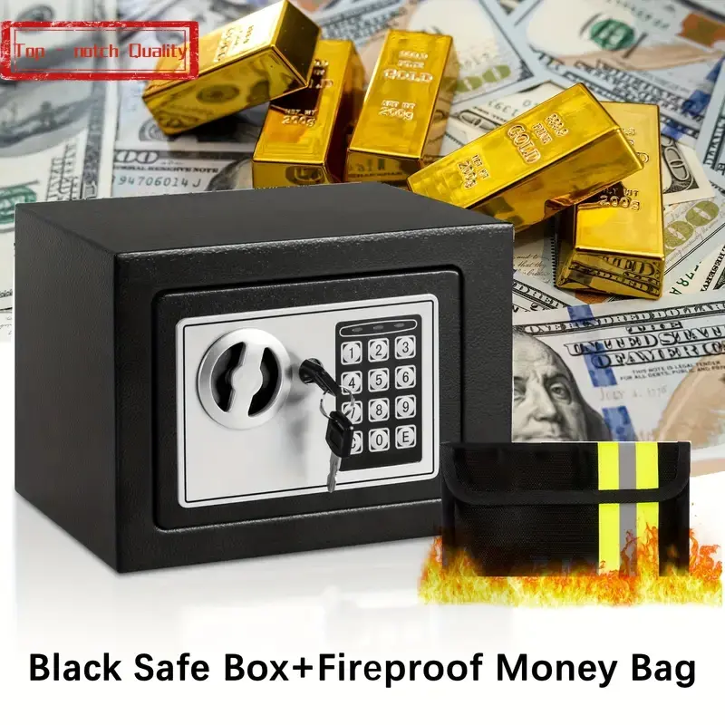 Money Safe Box for Home With Light &Money Bag, Steel Safe, Security Safe Box for Money Safe With Keys & Pass Code, Lock Box Safe With Digital Keypad, Portable Safe Use, Safe Storage