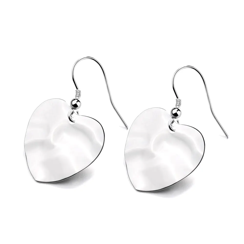 Amy & Annette Sterling Silver Hammered Hook Earrings with Heart-Shaped Design and Simple Chain