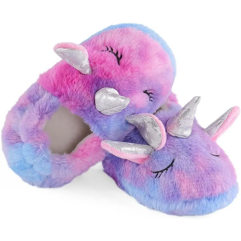 L-SOK011 Kids' Knitted Dinosaur Print Slippers - Cozy Soft Cotton Fleece Winter Footwear for 5-6/11-12 Toddler Boys Girls, Anti-Skid Flat Sole Indoor-Outdoor Shoes (Christmas/Birthday Gifts)