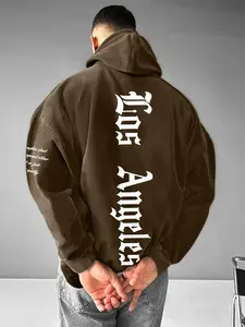 Men's Los Angeles Letter Print Hoodie, Casual Street Ripped Hem Hooded Sweatshirt for Daily Holiday Outdoor Wear, Men Clothes for All Seasons, Tops