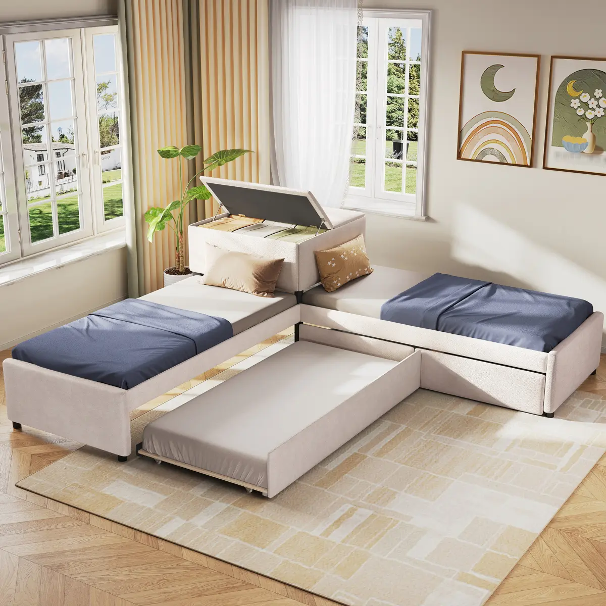 L-Shape Platform Bed, Twin Size L-Shaped Bed with Drawers and Trundle, Upholstered Platform Bed with Built-in Desk, Low Platform Bed for Kids Teens Adults, Space Saving, Beige