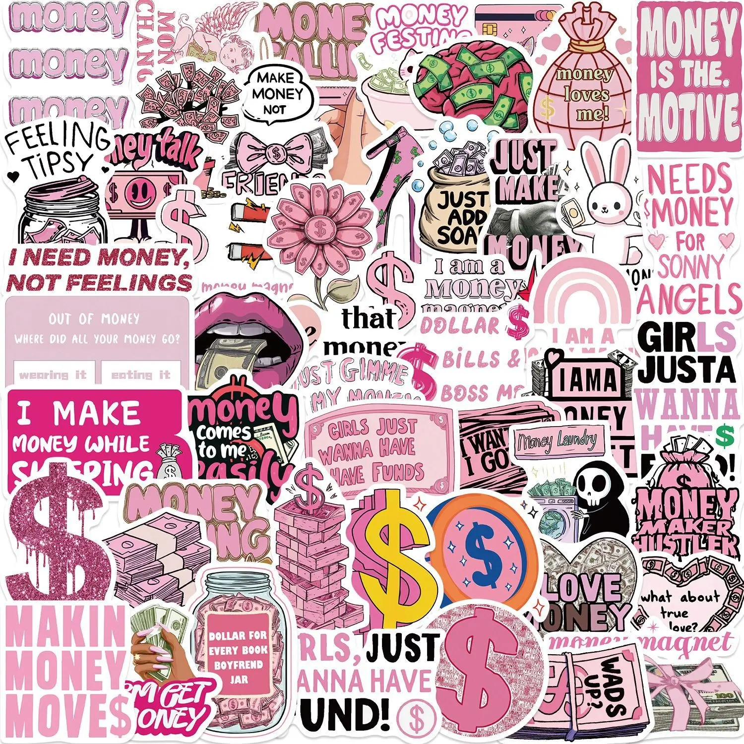 50pcs Money Dollar Fun Pattern Personalized Decorative Stickers, Phone Case Cellphone Cup Note Refrigerator Room Wall Decals DIY Waterproof