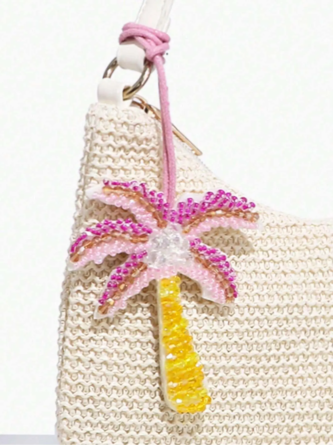 Dreamy sweet pink and yellow beaded coconut tree pendant pendant niche hand-woven bag keychain pendant, niche design seaside holiday style with small, exquisite, Trendy, Cute and fashionable all-match bag pendant keychain Keychain Decor Bag Charms