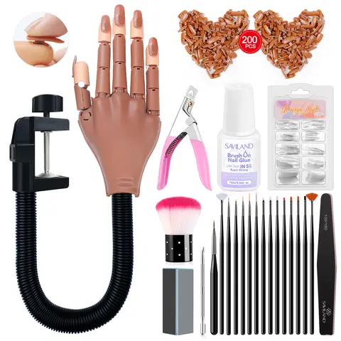 SAVILAND Nail Care Practice Hand Manicure Tool Kit - Flexible Movable Fake Hand for Acrylic Use, 200 Nail Tips, Glue, Brush, Clipper - Ideal for Beginner Training, Summervibes,familyfun