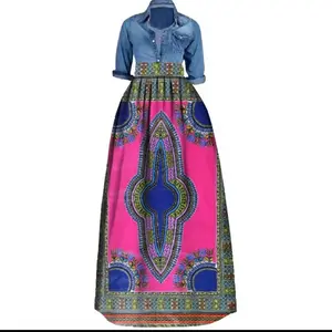 Women's Denim Colorful Beautiful Print Dress with Vibrant Pink and Blue Dashiki Design