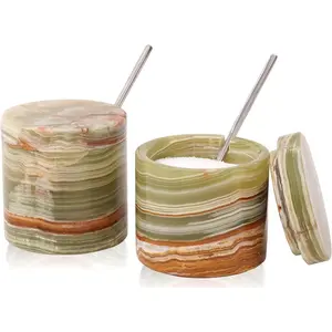 Marble Salt Cellar Set of 2  Green Stone Salt and Pepper Containers with Lid and Spoon - Marble Salt Box &  Jars, Sugar Bowl, 5.2 Oz Salt Holder for Countertop and Table