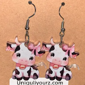 Acrylic Hook Earrings with Adorable Cow and Pink Bow