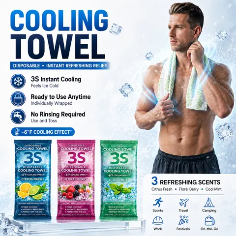 Unisex Microfiber 3s Instant Cooling Sports Travel Towel - Portable Solution, Smooth, No Rinsing Needed, Soft Breathable Rectangle Towel with Cool Mint & Citrus Packs for Yoga, Camping (Multipack Individual Wrap)