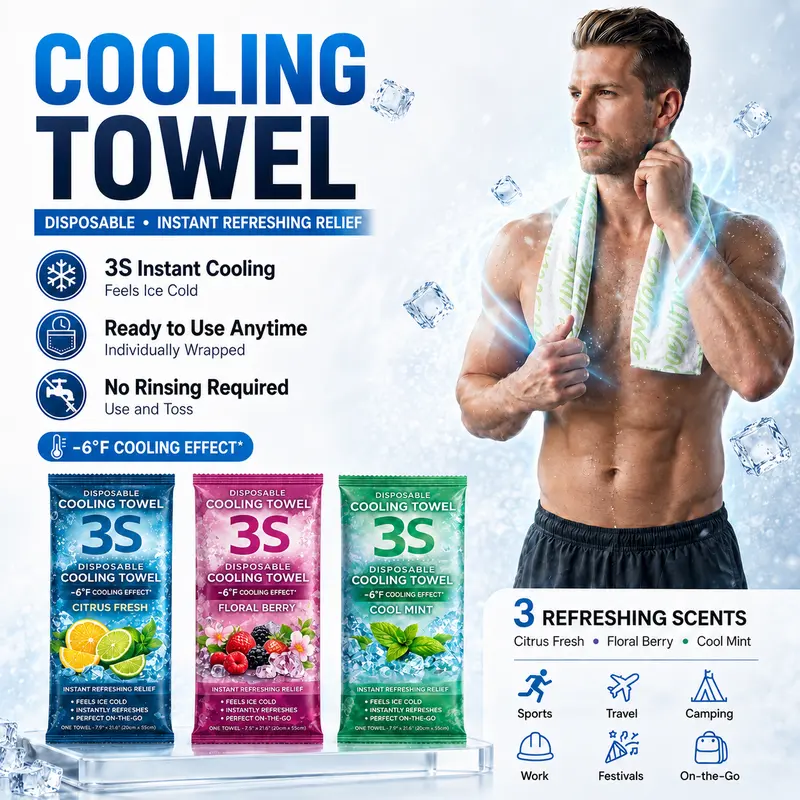 Unisex Microfiber 3s Instant Cooling Sports Travel Towel - Portable Solution, Smooth, No Rinsing Needed, Soft Breathable Rectangle Towel with Cool Mint & Citrus Packs for Yoga, Camping (Multipack Individual Wrap)