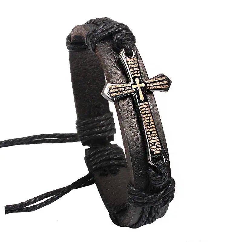 Vintage Leather Cross Bracelet For Men With Christian Faith Cowhide Jewelry Design