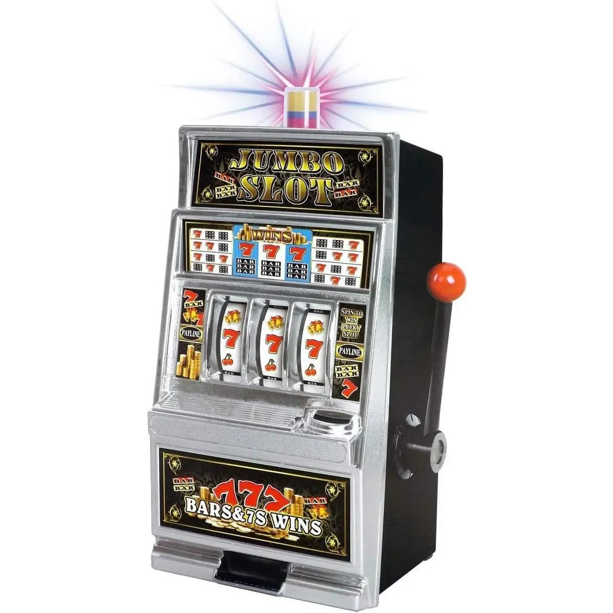 Lucky 7s Jumbo Slot Machine Casino Toy Metal Piggy Bank Replica, Decorative Chromed Home Decor Collectible with Blink Lights, Jackpot Sounds, Global Coin Compatibility for Party, Friends and Family