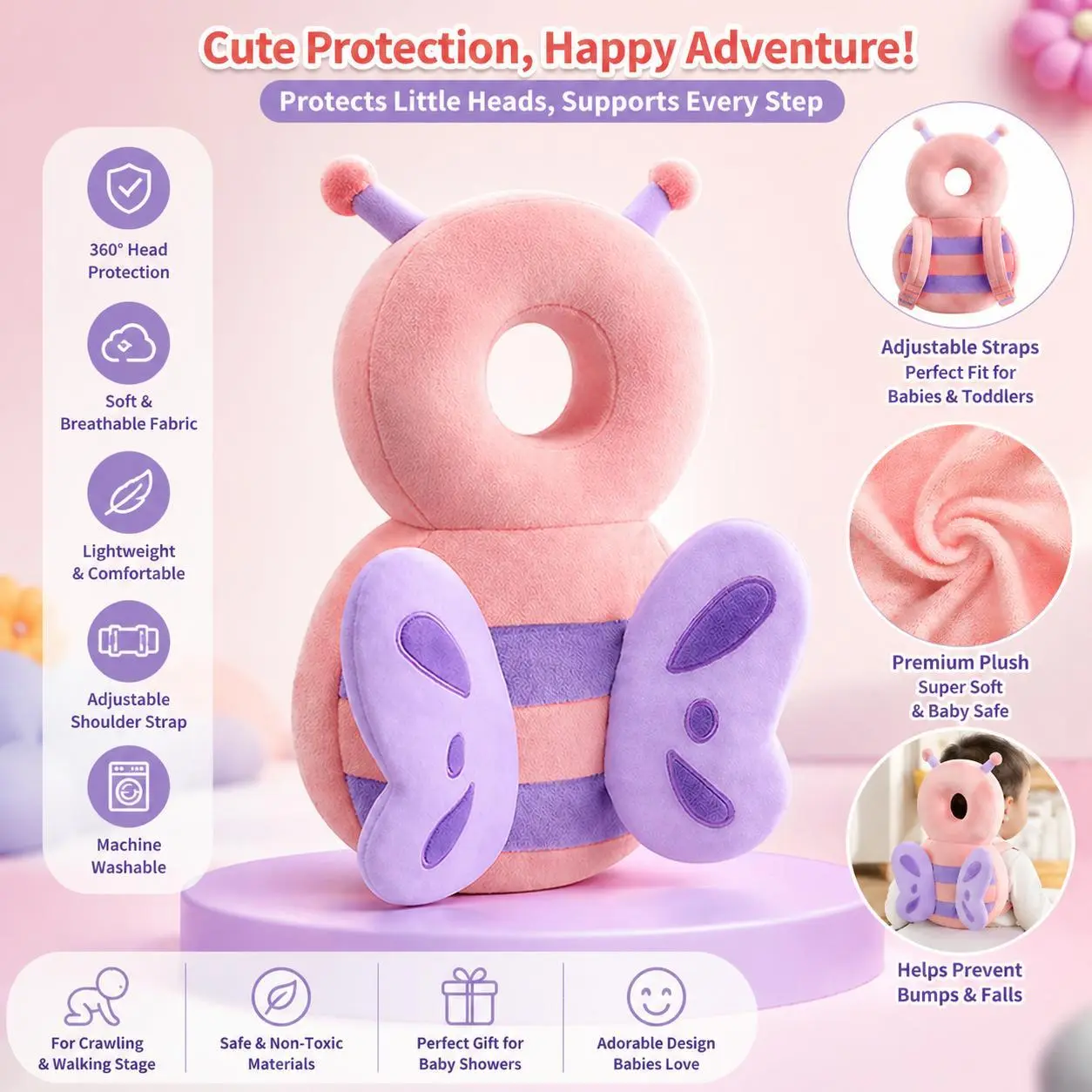 Cute Baby Walker Head Protector - Adjustable Toddler Safety Backpack Pad for Crawling, Falling, Pink Butterfly