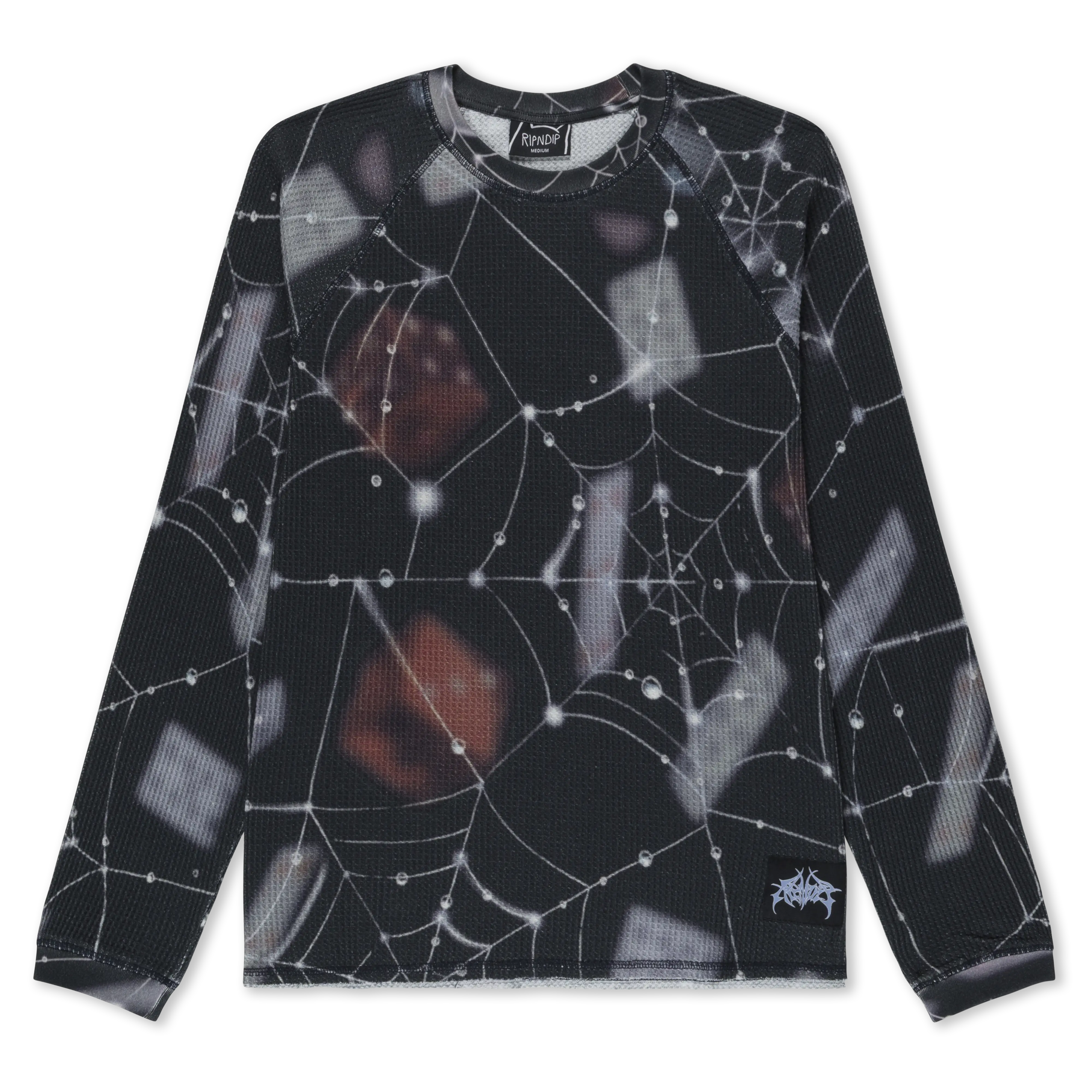 Women's Cotton Waffle-Knit Long-Sleeve Round Neck Casual Fitted Clothes with Redemption Art (Black)