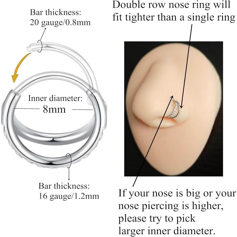 Double Open Stack CZ Nose Ring Hoop 316L Surgical Steel Helix Rook Conch Cartilage Daith Tragus Earrings Hinged Segment Nostril Piercing Septum Clicker 20G 18G 16G Lip Ring