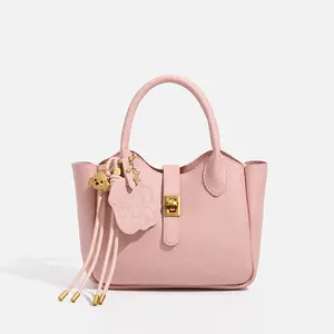 Cute Mini Bucket Tote Bag with Removable Dog Charm, Pebbled Texture Top Handle Purse with Gold Hardware, Versatile & Stylish, Ideal for Daily Errands, Dates & Gifting