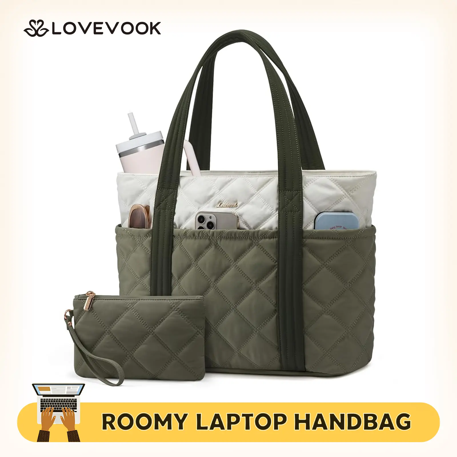 LOVEVOOK Large Capacity Puffer Tote Bag for Women,with Multiple Compartments and a Cup Holder,Stylish Quilted Travel Shoulder Bag,Lightweight and Comfortable,Suitable for Various Occasions