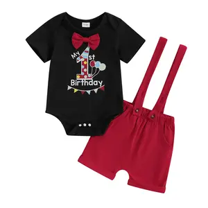 NewInfant Baby Boys First Birthday Outfit My 1st Birthday Print Romper with Solid Overall Shorts Summer Gentleman Outfits