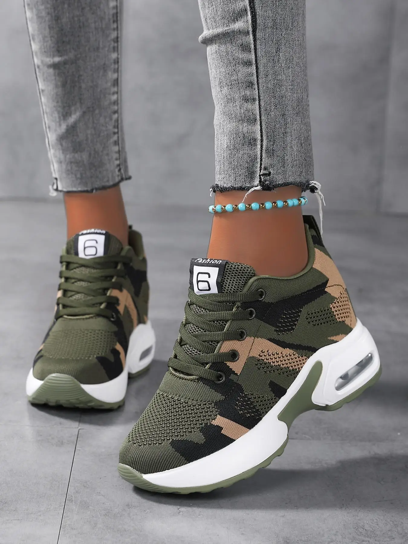 Fashion Camo Print Lace Up Front Contrast Mesh Platform Chunky Sneakers, Casual Breathable Comfortable Sports Running Shoes for Women, Designer 2024 F