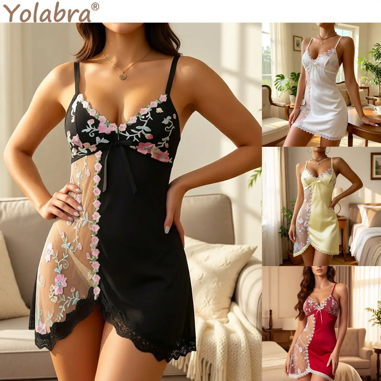 Women’s Elegant Floral Embroidered Lace Camisole Nightgown, Soft Breathable Sleepwear & Loungewear, Feminine Sheer Lace Nightdress, Comfortable Relaxed Fit Home Clothes, Ideal For Daily Wear, Bedroom, Honeymoon, Valentine’S Day