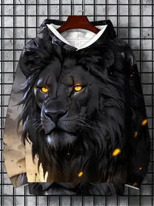 Graphic Print Men's Hoodie Black Lion With Golden Eyes And Flames Autumn Winter Wear For Him Gift For Lion Lover
