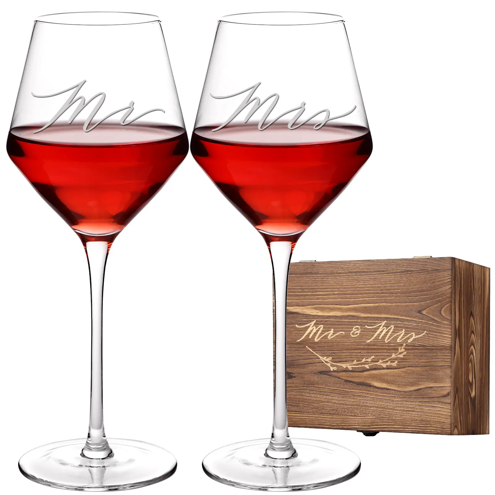 Mr And Mrs Wine Glass Set - Personalized Engraved Drinkware, Wedding Keepsake Box - Wedding Souvenirs for Couples, Anniversary & Bridal Shower Gifts, Velvet