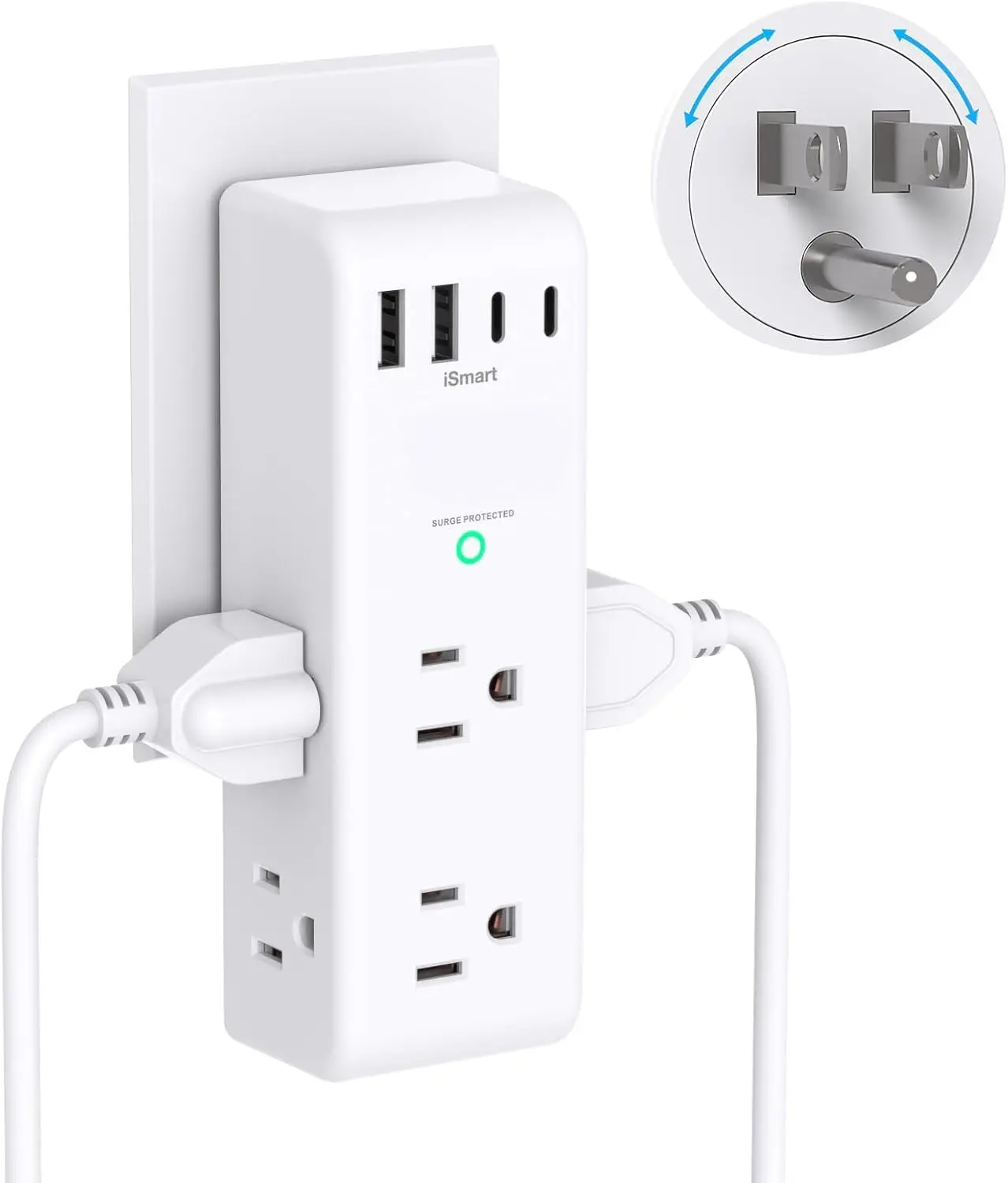 10-in-1 Surge Protector Outlet Extender with Rotating Plug, 6 AC Outlets, 4 USB Ports (2 USB-C), 1800J Wall Charger Power Strip for Home, Office & Travel