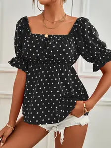 Women's Summer Casual Square Neck Bubble Sleeve Polka Dot Shirt Top, Plus Size Ladies Fashion Blouse, Comfortable and Stylish, Casual Classy Top