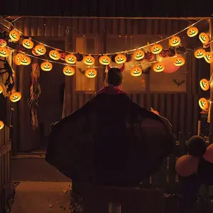 Plug-in Halloween String Lights – Faceted Jack-o'-Lantern Design in Orange, Perfect for Indoor/Outdoor Halloween Decor.